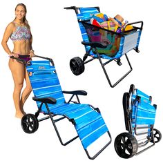 a woman standing next to two beach chairs and a baby in a stroller on wheels