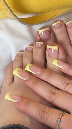 Matching Toe And Nail Set Ideas, Yellow French Tip Toes, Acrylic Nails And Toes Matching Ideas, Yellow Pedicure, Matching Nail And Toe Sets, Short Medium Nails, Matching Nails And Toes, Nails Acrylic Toes, Acrylic Toenails