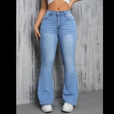 Women's Light Blue Flare Jeans, Casual Style, Stretchy Denim Pants, Slim Fit Bell Bottoms For Fashionable Everyday Wear Blue Mid-rise Flare Jeans, Mid-rise Blue Flare Jeans, Mid-rise Blue Fitted Flare Jeans, High Rise Blue Flare Jeans, High Rise Light Blue Denim Flare Jeans, Light Blue Stretch Denim Pants, High Rise Light Blue Flare Jeans, Light Blue Mid-rise Denim Jeans, Non-stretch High Rise Light Blue Jeans