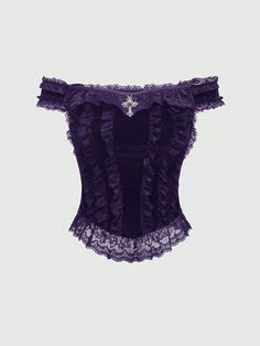 Morado Elegante Collar manga corta Tela tejida Color combinado,Liso  Embellished No-Elástico Purple Goth Outfits, Dark Purple Top, Goth Blouse, Moon Outfit, Purple Goth, Purple Gothic, Purple Tops, Goth Clothing, Gothic Clothes