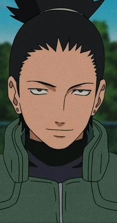 an anime character with black hair wearing a green jacket and grey hoodie looking at the camera