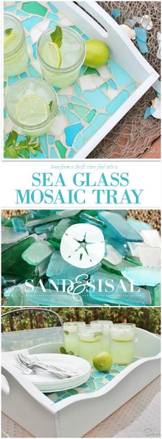 sea glass mosaic tray with lemons and limeade in glasses on the bottom, next to an image of a clock