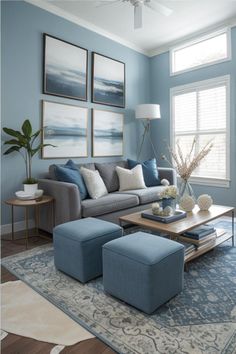 a living room with blue walls and furniture