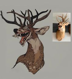 an image of a deer head with antlers on it's face and another drawing of a deer