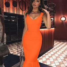 Fishtail Over Knee Bandage Dress PP19352 12 in wolddress Orange V-neck Midi Dress For Party, Orange Backless Party Dress, Fitted V-neck Mermaid Party Dress, Orange Backless Evening Dress, Glamorous Fitted Orange Dress, Orange V-neck Dress For Prom, Fitted Orange Bodycon Party Dress, Fitted Sleeveless Flirty Evening Dress, Flirty Fitted Sleeveless Evening Dress