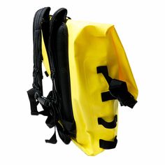 a yellow backpack with black straps hanging from it's back end and the bottom section