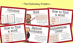 four posters with different types of words and pictures on the same page, including an image of