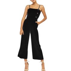 FREE SHIPPING 2018 Button Solid Casual Jumpsuits Dungaree Trousers JKP840 High Waist Overalls With Button Closure For Workwear, Chic Workwear Overalls With Button Closure, Chic Overalls With Button Closure For Workwear, Fitted Overalls With Buttons For Workwear, Trendy Solid Color Jumpsuits And Rompers With Buttons, Trendy Sleeveless Jumpsuits And Rompers With Button Closure, Chic High Waist Jumpsuits And Rompers With Buttons, Trendy Sleeveless Jumpsuit With Button Closure, Trendy Black Jumpsuits And Rompers With Buttons