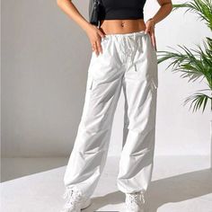 Brand New Shein Cargo Petite Pants In White Size Small Baggy Y2k Sweatpants With Pockets, Y2k Baggy Sweatpants With Pockets, Y2k Relaxed Fit Trousers, Spring Y2k Style Cargo Pants, Y2k Straight Pants With Pockets, Y2k Parachute Pants With Pockets For Spring, Y2k Style Parachute Pants With Pockets For Spring, White Baggy Mid-rise Pants, Sporty High-waisted Cargo Pants For Spring