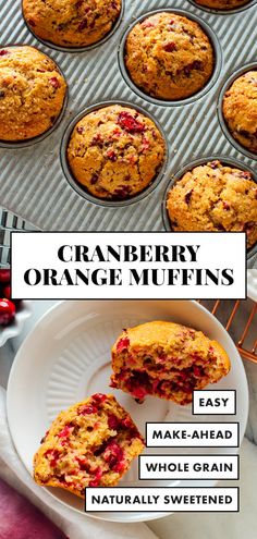 cranberry orange muffins on a white plate with the title above it