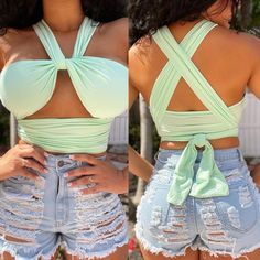 Show, Then Tell. This Trendy Top Is Ideal For Your Next Soiree. Halter-Neck Stretch Knit Tied Design Color: Mint Sizes: S (0-2), M (4-6), L ( 8-10) Tied Crop Top, Tie Crop Top, Trendy Top, Neck Stretches, Mint Color, Trendy Tops, Design Color, Fashion Tops, Halter Neck