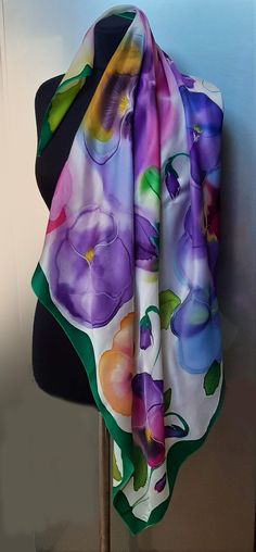 Silk Scarf With Floral Print For Gift, Bohemian Silk Scarf Gift For Spring, Silk Scarves With Floral Print For Gift, Silk Scarves With Floral Print As Gift, Silk Floral Print Scarf As Gift, Floral Print Silk Shawl Scarf For Gift, Floral Print Silk Shawl Scarf As Gift, Elegant Handmade Summer Scarves, Elegant Multicolor Wedding Scarves