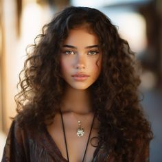 a close up of a woman with long curly hair wearing a necklace and looking at the camera