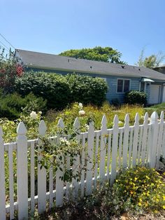 a white picket fence in front of a blue house with yellow flowers growing on it