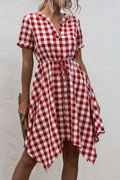 Fashion Casual Plaid Split Joint V Neck Irregular Dress Dresses Simple Swimsuit, Lace Beach Dress, Tartan Clothing, Summer Plaid, Boho Beach Dress, Dress Sleeve Length, Long Bodycon Dress, Mode Casual, Long Dress Casual