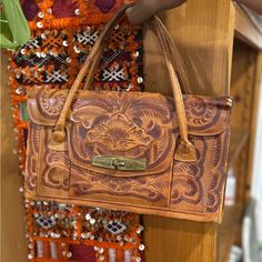 Amazing Vintage Hand-Tooled Mexican Leather Purse From The 1970s Excellent Vintage Condition With Age Appropriate Wear, A Few Minor Scuffs-Otherwise In Great Shape With Lots Of Life Left! Gorgeous Intricate Tooled Design. 13.5 X 9 X 5 Inches Vintage Brown Hand-tooled Shoulder Bag, Retro Hand-tooled Bags, Vintage Hand Tools, Vintage Mexican, Leather Purse, The 1970s, Leather Purses, Satchel, 1970s