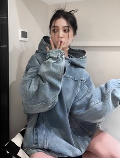 Blue Oversized Denim Hoodie | Hoshi - Seventeen L Oversized Denim Hoodie, Blue Fuzzy Jacket Outfit, Blue Denim Hoodie For Streetwear, Oversized Long Sleeve Denim Hoodie, Oversized Korean Hoodie, Oversized Hoodie Outfit Korean Girl, Denim Hoodie, Hoshi Seventeen, Comfy Pants