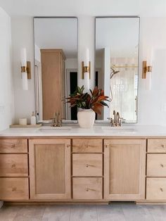 a bathroom with two sinks and mirrors on the wall next to each other in front of a potted plant