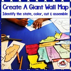 a blue and white poster with the words create a giant wall map to help students learn colors