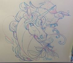 a drawing of a unicorn with a bird on it's head