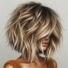 Trendy Layered Bob, Medium Length Layered Bob With Bangs, Shaggy Bob For Fine Hair Medium Length, Choppy Bobs For Thick Hair, Messy Bob Hairstyles For Thick Hair, Medium Choppy Hairstyles, Dark Roots On Blonde Hair, Razor Cut Bob For Thick Hair, Shoulder Length Hair With Layers Choppy