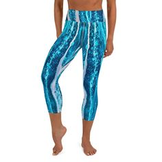 These yoga capri leggings with a high, elastic waistband are the perfect choice for yoga, the gym, or simply a comfortable evening at home. In YogaVidaArtandWear's one-of-a-kind, hand painted Silver Blue design from the Metallics Collection. * 82% polyester, 18% spandex * Very soft four-way stretch fabric * Comfortable high waistband * Mid-calf length * Flat seam and coverstitch Flat Seam, Legging Outfits, Yoga Capris, Womens Leggings, Blue Design, Capri Leggings, Silver Blue, Outfits With Leggings, Mid Calf