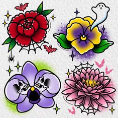 four different flower designs are shown in this drawing style, each with an individual's face