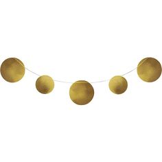 gold paper balls hanging from a string