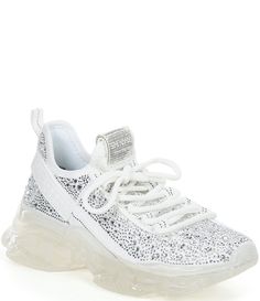 From Steve Madden&#x2C; the Maxima Rhinestone Embellished Chunky Platform Sneakers feature:Fabric and synthetic upperSlip-on sock stretch constructionRhinestone embellished detailslace-up front closure for a secure fitFabric and synthetic liningSynthetic outsoleApprox. 0.75" platform heightApprox. 1.75" wedge heel heightsizing tip: we recommend sizing up a half size for the best fit Imported. Chunky Platform Sneakers, Chunky Wedges, Rose Gold Sneakers, Leopard Sneakers, Retro Sneakers, Ladies Shoes, Chunky Platform, Wedge Sneakers, Chunky Sneakers