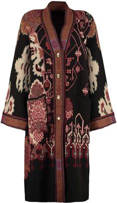 Etro Jacquard Knit Coat Wool Jacquard Knit Outerwear For Work, Black Wool Jacquard Knit Outerwear, Black Jacquard Outerwear For Winter, Black Jacquard Outerwear For Fall, Long Sleeve Jacquard Outerwear For Fall, Black Jacquard Winter Outerwear, Fall Jacquard Outerwear With Long Sleeves, Bohemian Jacquard Knit Outerwear For Fall, Brown Wool Jacquard Knit Outerwear