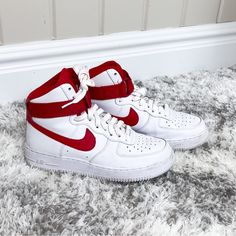 Nike Air Force 1 Red & White High Top Sneakers Size 7.5. Women’s Sneakers. Very Good Used Condition. Worn With Crease Protectors So Very Minimal Creasing. Most Wear Seen On Bottom Of Shoes. Super Cute Red And White Design. I Always Consider Reasonable Offers. Please Negotiate Through The Offer Button Or By Creating A Bundle. I Do Not Negotiate Through Public Comments. Please Ask About Availability As All Items Are Cross Listed. If You Encounter An Issue With A Purchase, Feel Free To Contact Me First For A Potential Resolution. Nike Air Force 1 Red, White High Tops, Nike Air Force 1, White Design, White Nikes, Air Force 1, Nike Air Force, Womens Shoes Sneakers, High Top