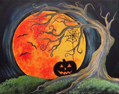 an acrylic painting of a halloween tree with a full moon in the background