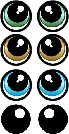 six black and gold buttons with white circles on them, all showing different colors in the center