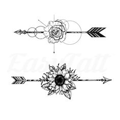 Floral Arrows - Temporary Tattoo Arrow With Sunflower Tattoo, Floral Arrow Tattoo, Arrow Flower Tattoo, Arrow With Flowers Tattoo, Sunflower Arrow Tattoo, Rustic Tattoos For Women, Burning Hats, Sunflower Dreamcatcher, Archer Tattoo