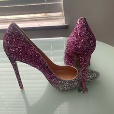 Silver And Pink Glitter Heels Size 10 Brand New 4”Heel Silver Heels With Glitter Accents For Party Season, Silver Glitter Heels With Pointed Toe, Silver Glitter Pointed Toe Heels, Silver Sequined Round Toe Heels, Silver Glitter Round Toe Heels, Purple Glitter High Heels, Silver Glitter High Heels, Pink Glitter Heels, Heeled Brogues