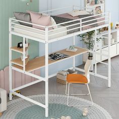 a white bunk bed sitting on top of a wooden floor next to a desk and chair