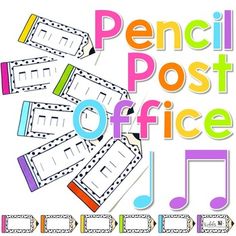 a poster with pencils and music notes in the shape of letters that spell out post office