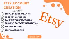 an orange and white advertisement with the words etsy written in bold font on it