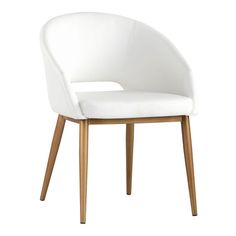 a white chair with wooden legs on a white background and the seat is upholstered