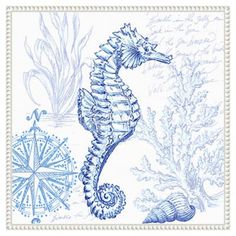 a blue and white drawing of a seahorse on a paper with an ocean theme