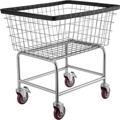 a metal basket on wheels with red casteors and black rims is shown in front of a white background