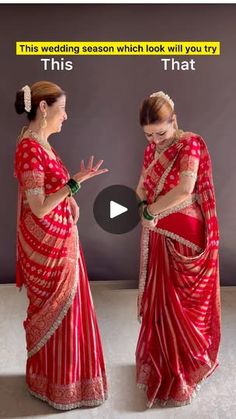 two women dressed in red sari standing next to each other with text that reads, this wedding season which look will you try?