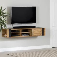 a flat screen tv mounted to the side of a wooden entertainment center next to a potted plant