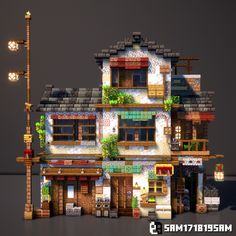 an animated image of a house with lots of windows and balconies on it