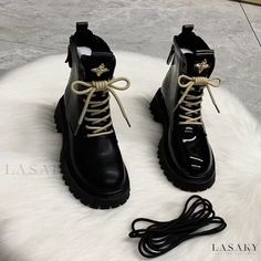 Lasaky - Glossy Leather Fashion Thick-soled Short Boots with Plush Lining Womens Casual Boots, Rough Heels, Group Study, Trendy Boots, Cold Outfits, Womens Fashion Inspiration, Rounded Toe Boots, Womens Casual, Fall Fashion Outfits