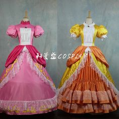 two dresses are shown in different colors and sizes, one is pink, the other is yellow