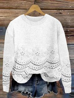 Floral Linen-2 Fall Knit Patterns With Crew Neck, Casual White Knitted Patterns, Casual White Patterns For Winter, Casual White Winter Patterns, Winter Long Sleeve Top With Crochet Lace, White Knitted Crew Neck Sweater, White Crochet Knitting Pattern For Fall, White Casual Knitting Pattern, Casual White Knitting Pattern