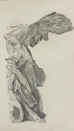 a pencil drawing of an angel statue with wings on it's head and body