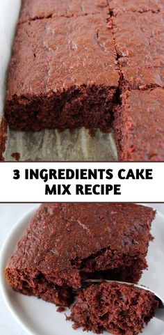 three different pictures of brownies on top of each other with the words, 3 ingredients cake mix recipe