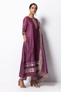 Plum pink kurta highlighted with zardozi embroidery, round neckline and straight silhouette. Comes with cotton silk pant and chanderi dupatta. - Aza Fashions Chanderi Silk Suit Designs Indian, Chanderi Kurta Designs, Silk Suit Designs Indian, Chanderi Suits Design, Suits Design Latest, Chanderi Silk Suits, Silk Kurta Set, Chanderi Dupatta, Pink Kurta